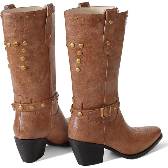 Womens Light  Brown Faux Leather Mid Calf Square Toe Chunky Heel Studded Boots - Picture 5 of 6